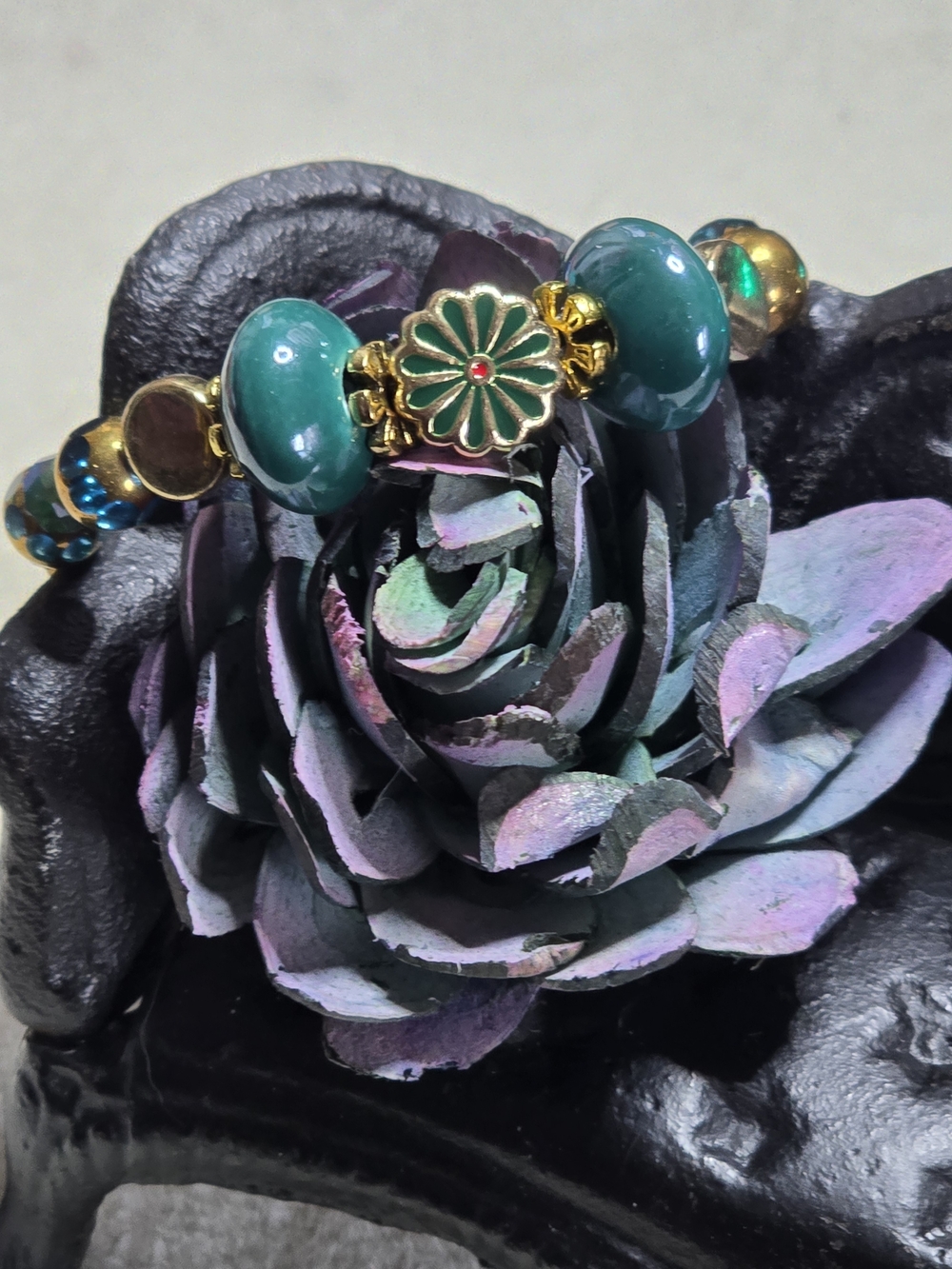 Teal & Gold Bead Flower W/Teal Crystal Cathedral & Gold Beads Stretch Bracelet
